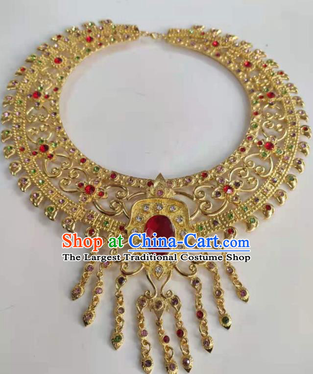 Chinese Minority Folk Dance Necklet Yunnan Ethnic Jewelry Accessories Dai Nationality Queen Golden Necklace