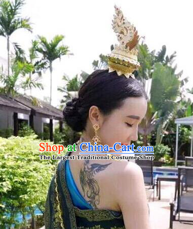 Handmade Chinese Ethnic Queen Hair Accessories Dai Nationality Wedding Headdress Yunnan Minority Folk Dance Golden Peacock Hair Crown