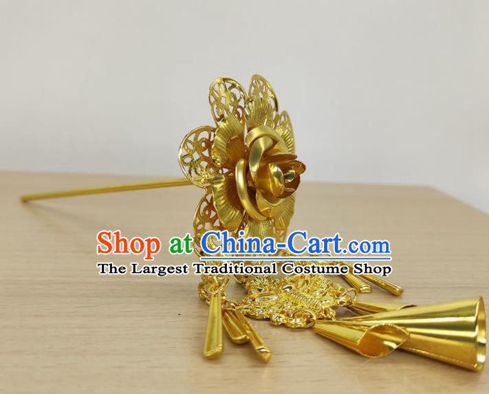 Handmade Chinese Yunnan Minority Folk Dance Golden Peony Tassel Hairpin Ethnic Hair Accessories Dai Nationality Wedding Hair Stick