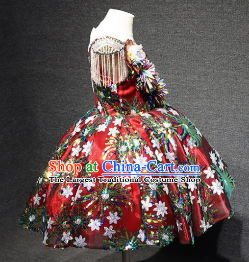 Top Children Performance Clothing Girl Compere Formal Garment Catwalks Embroidered Sequins Wine Red Full Dress Christmas Evening Wear