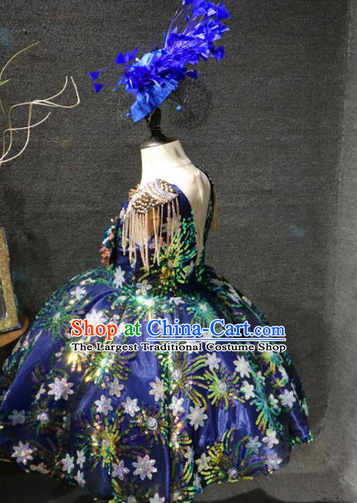 Top Catwalks Sequins Flowers Royalblue Full Dress Christmas Baroque Evening Wear Children Performance Clothing Girl Compere Formal Garment