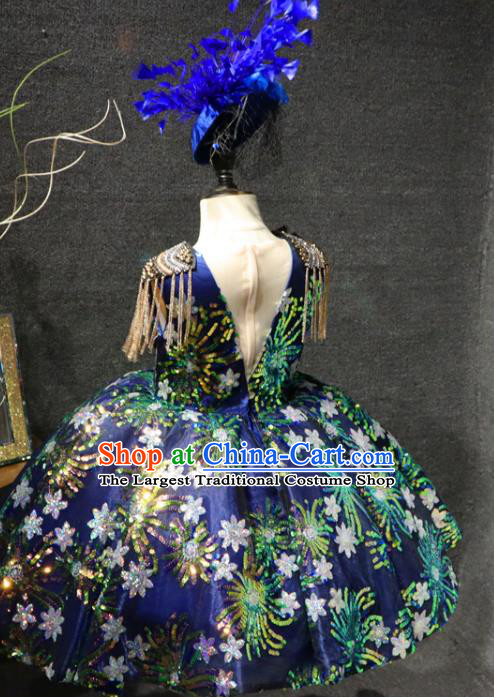 Top Catwalks Sequins Flowers Royalblue Full Dress Christmas Baroque Evening Wear Children Performance Clothing Girl Compere Formal Garment