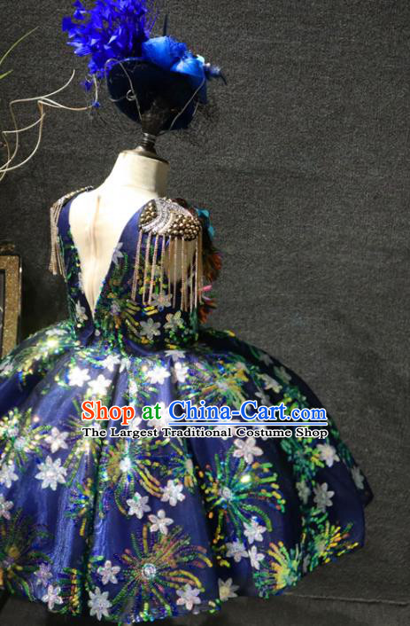Top Catwalks Sequins Flowers Royalblue Full Dress Christmas Baroque Evening Wear Children Performance Clothing Girl Compere Formal Garment
