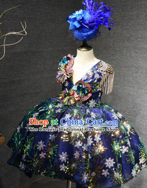 Top Catwalks Sequins Flowers Royalblue Full Dress Christmas Baroque Evening Wear Children Performance Clothing Girl Compere Formal Garment
