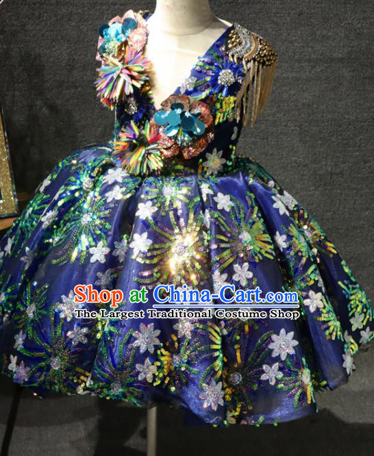 Top Catwalks Sequins Flowers Royalblue Full Dress Christmas Baroque Evening Wear Children Performance Clothing Girl Compere Formal Garment