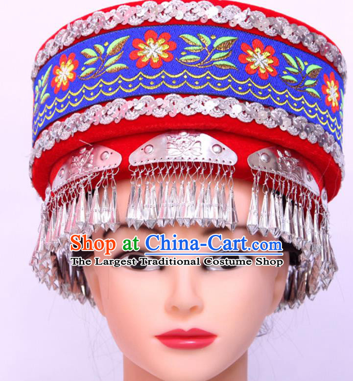 Chinese Yi Nationality Performance Red Hat Tujia Minority Folk Dance Headdress Handmade Ethnic Woman Festival Headpiece