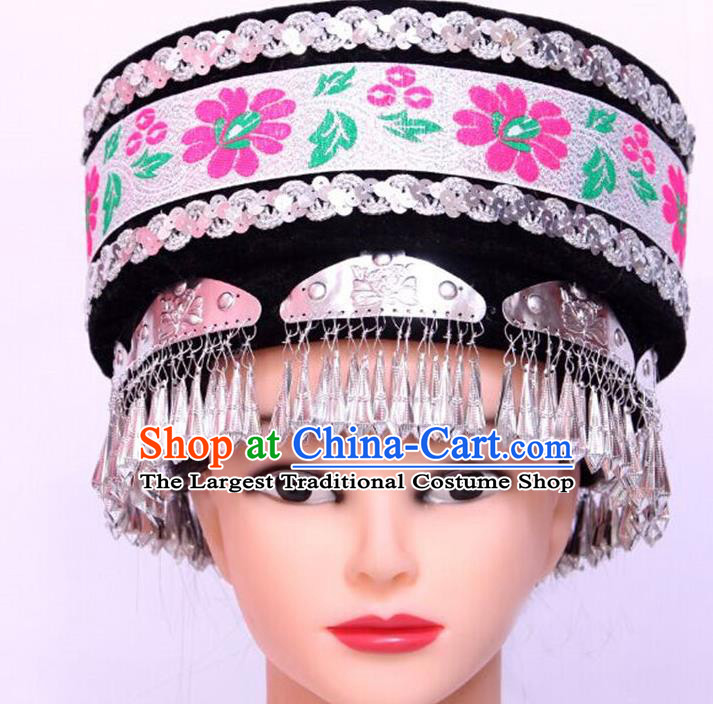 Chinese Handmade Ethnic Woman Festival Headpiece Yi Nationality Performance Black Hat Tujia Minority Folk Dance Headdress