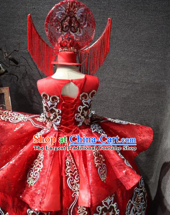 Top Girl Compere Formal Garment Catwalks Embroidered Red Full Dress Christmas Baroque Evening Wear Children Performance Clothing