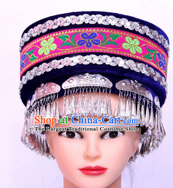 Chinese Tujia Minority Folk Dance Headdress Handmade Ethnic Woman Festival Headpiece Yi Nationality Performance Royalblue Hat