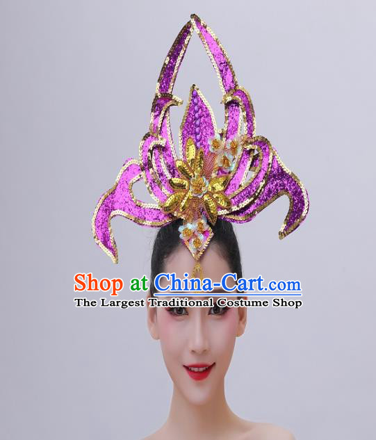Chinese Modern Dance Purple Sequins Hair Crown Opening Dance Hair Accessories Spring Festival Gala Performance Headpiece