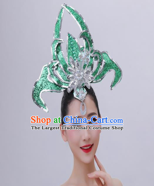 Chinese Opening Dance Headpiece Spring Festival Gala Performance Hair Crown Modern Dance Green Sequins Hair Accessories