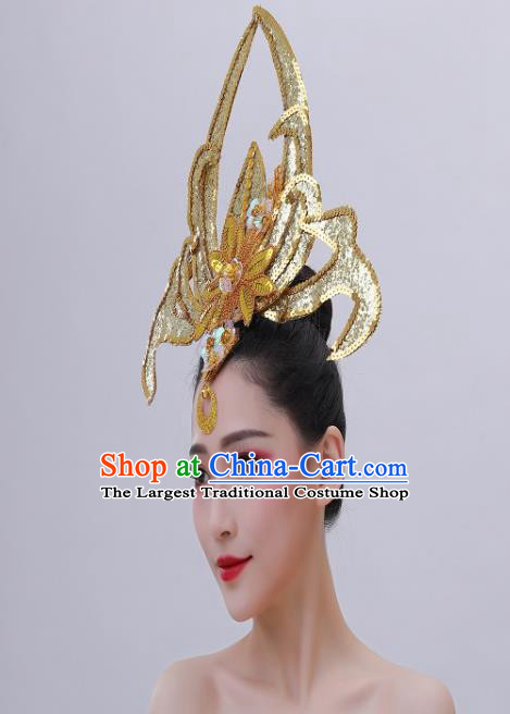 Chinese Spring Festival Gala Performance Hair Crown Modern Dance Golden Sequins Hair Accessories Opening Dance Headpiece