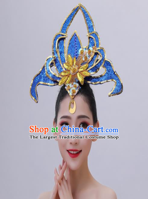 Chinese Opening Dance Royalblue Sequins Hair Accessories Modern Dance Headdress Peony Dance Hair Crown