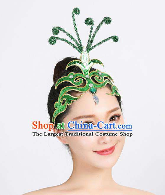 Chinese Yangko Dance Green Sequins Hair Stick Folk Dance Hair Accessories Woman Group Performance Headdress