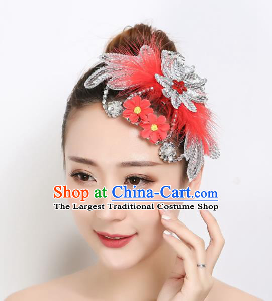 Chinese Woman Stage Performance Headpiece Dai Nationality Peacock Dance Red Feather Hair Stick Folk Dance Hair Accessories