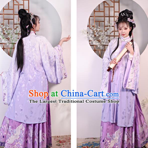 China Ancient Patrician Lady Garment Costumes Ming Dynasty Young Beauty Historical Clothing Traditional Purple Hanfu Dress Complete Set
