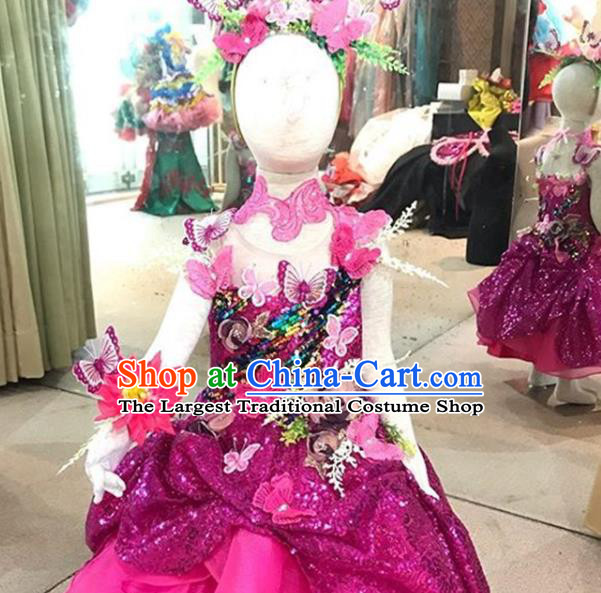 Top Christmas Evening Wear Children Performance Clothing Girl Compere Formal Garment Catwalks Rosy Trailing Full Dress