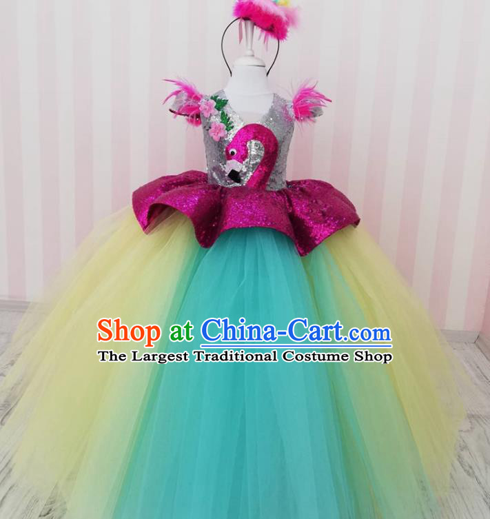 Top Catwalks Flamingo Veil Dress Christmas Princess Evening Wear Children Performance Clothing Girl Stage Show Formal Garment