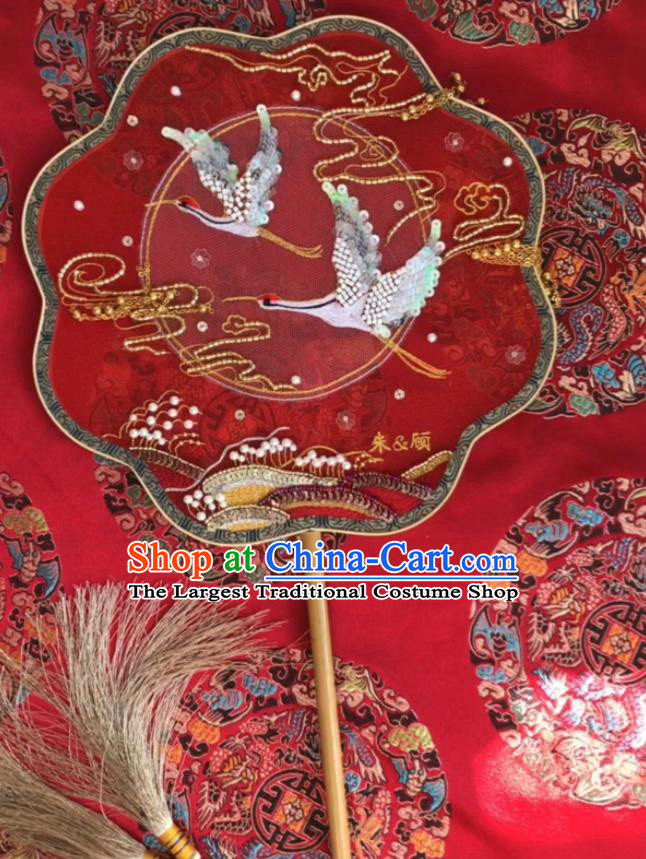 China Traditional Bride Red Silk Palace Fan Handmade Hanfu Fans Wedding Embroidered Crane Fan