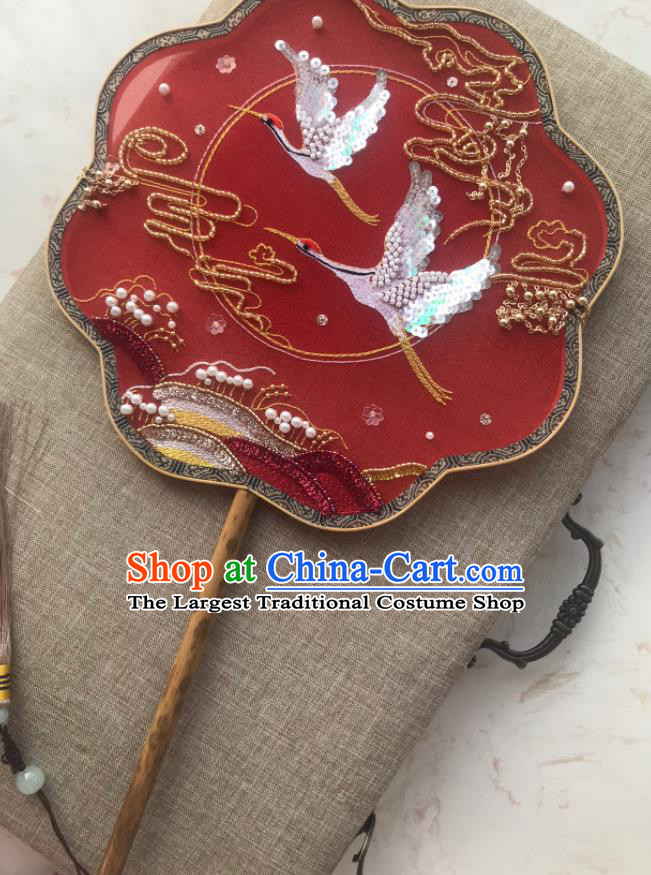 China Traditional Bride Red Silk Palace Fan Handmade Hanfu Fans Wedding Embroidered Crane Fan