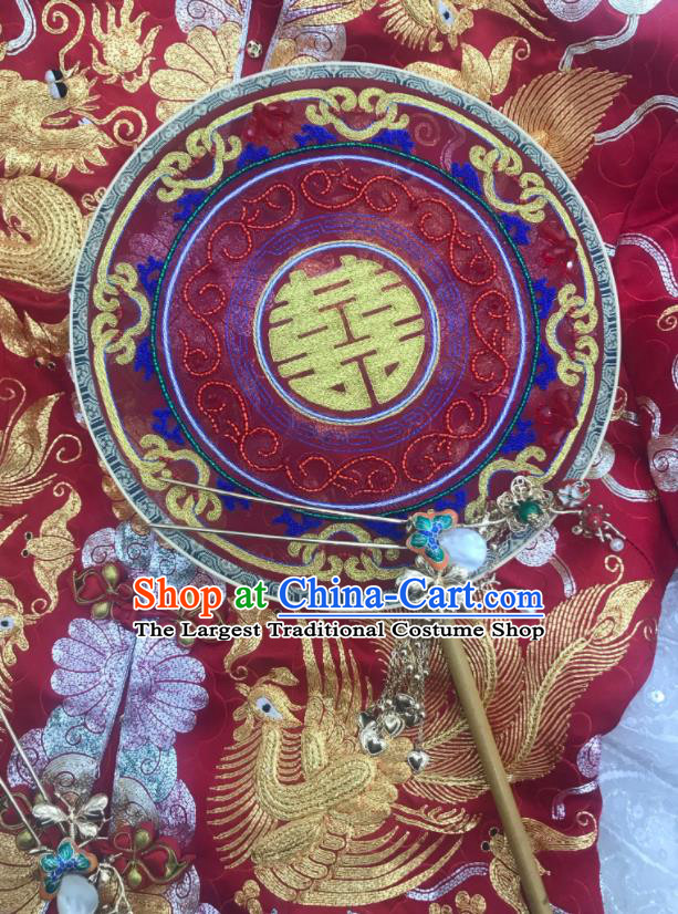 China Handmade Hanfu Dance Circular Fans Wedding Embroidered Fan Traditional Bride Red Silk Palace Fan