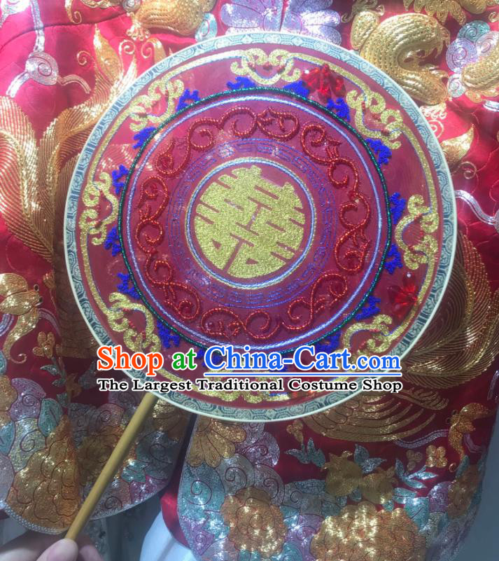 China Handmade Hanfu Dance Circular Fans Wedding Embroidered Fan Traditional Bride Red Silk Palace Fan