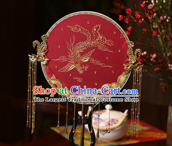 China Traditional Hanfu Golden Phoenix Tassel Circular Fans Wedding Bride Embroidered Fan Handmade Red Silk Palace Fan