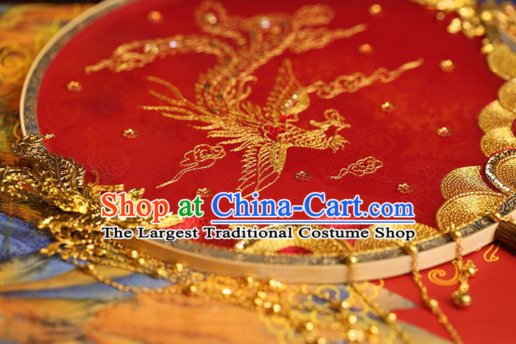 China Traditional Hanfu Golden Phoenix Tassel Circular Fans Wedding Bride Embroidered Fan Handmade Red Silk Palace Fan