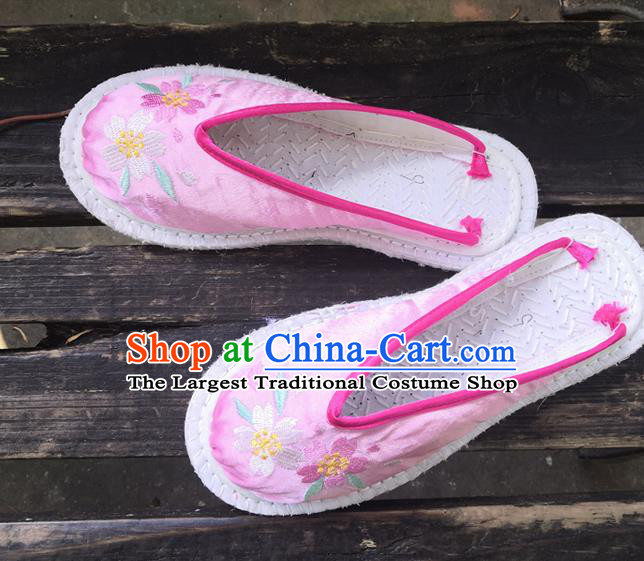 Chinese Woman Strong Cloth Slippers National Pink Satin Shoes Handmade Embroidery Shoes
