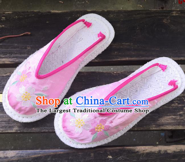Chinese Woman Strong Cloth Slippers National Pink Satin Shoes Handmade Embroidery Shoes