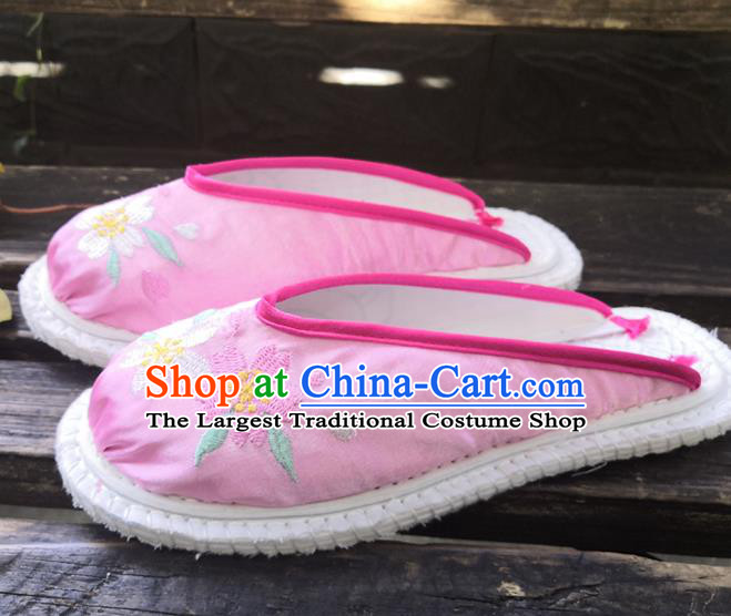 Chinese Woman Strong Cloth Slippers National Pink Satin Shoes Handmade Embroidery Shoes
