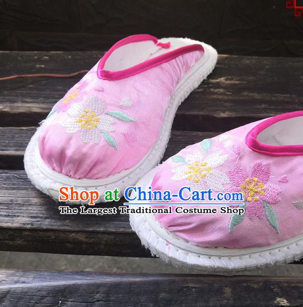Chinese Woman Strong Cloth Slippers National Pink Satin Shoes Handmade Embroidery Shoes