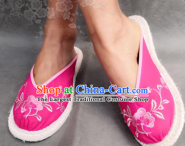 Chinese Woman Strong Cloth Slippers National Rosy Flax Shoes Handmade Embroidery Flowers Shoes