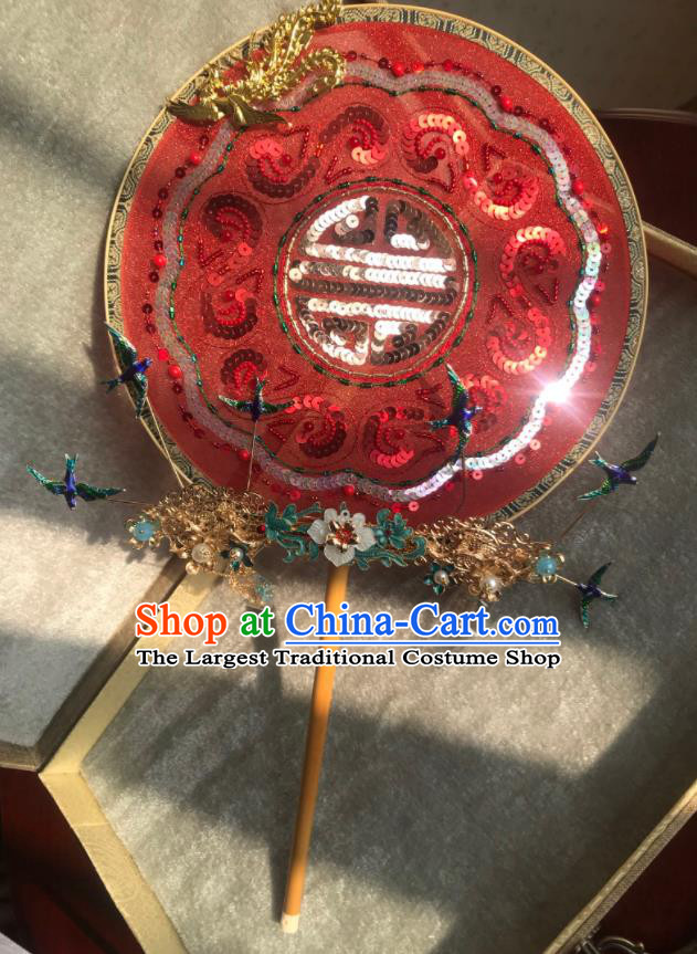 China Wedding Embroidered Red Sequins Fan Traditional Bride Red Silk Palace Fan Handmade Hanfu Dance Circular Fans