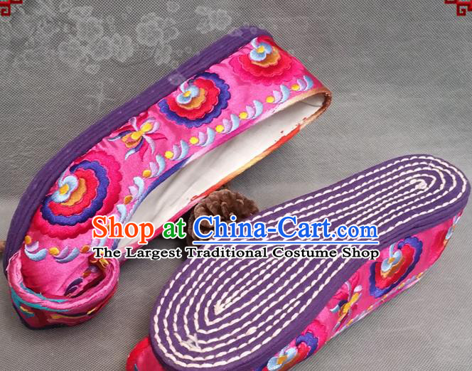 Handmade China National Woman Rosy Satin Shoes Yunnan Wedding Embroidered Shoes Ethnic Folk Dance Shoes