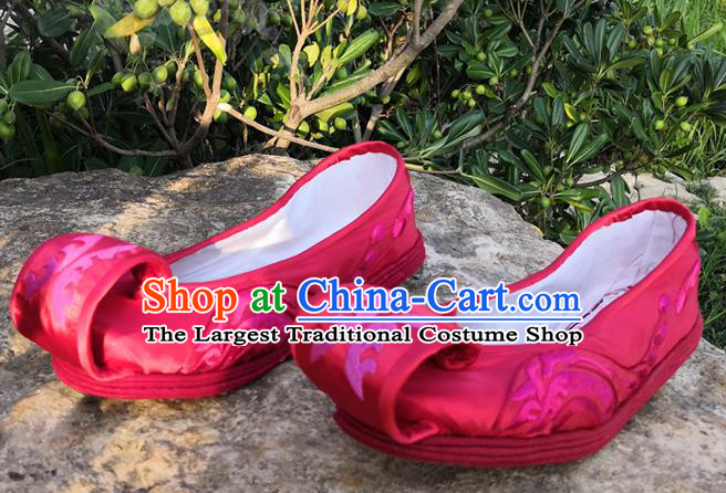 Handmade China Ethnic Folk Dance Shoes National Woman Rosy Satin Shoes Yunnan Wedding Embroidered Shoes