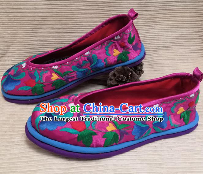 Handmade China Folk Dance Shoes National Woman Strong Cloth Shoes Yunnan Ethnic Rosy Embroidered Shoes