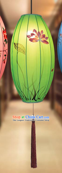 China Traditional Festival Hanging Lanterns Hand Painting Lotus Lantern Classical Green Cloth Lamp