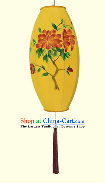 China Handmade Painting Peony Lantern Classical Yellow Cloth Lamp Traditional Festival Hanging Lanterns