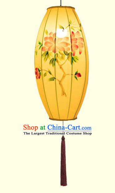 China Handmade Painting Peony Lantern Classical Yellow Cloth Lamp Traditional Festival Hanging Lanterns