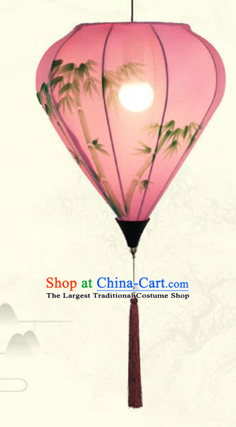 China Traditional New Year Hanging Lanterns Handmade Painting Bamboo Lantern Classical Pink Cloth Diamond Lamp