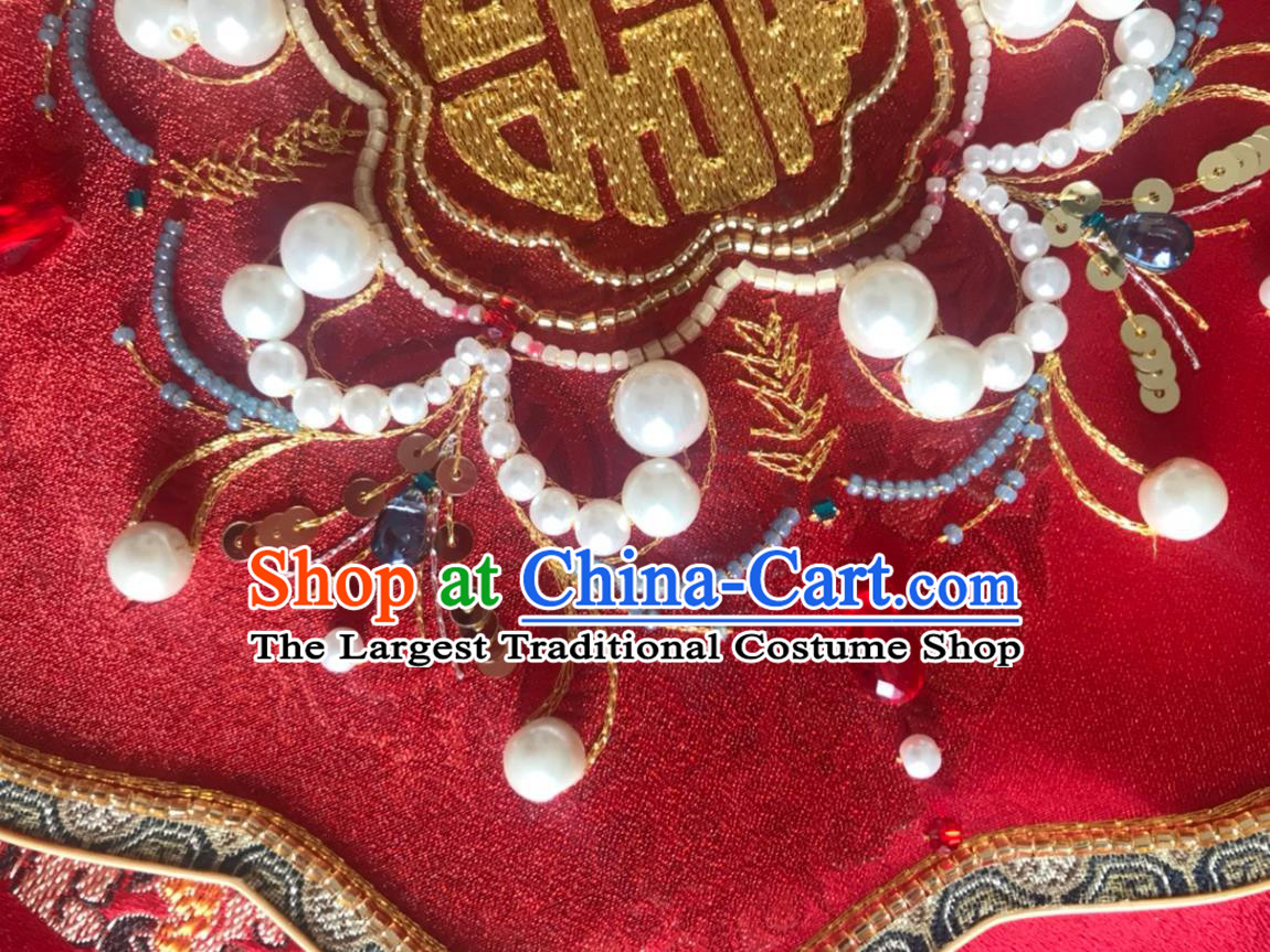 China Traditional Hanfu Dance Fans Wedding Embroidered Beads Fan Handmade Bride Red Silk Palace Fan