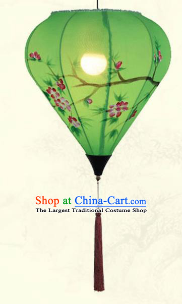 China Traditional New Year Diamond Lanterns Handmade Painting Begonia Lantern Classical Green Cloth Hanging Lamp