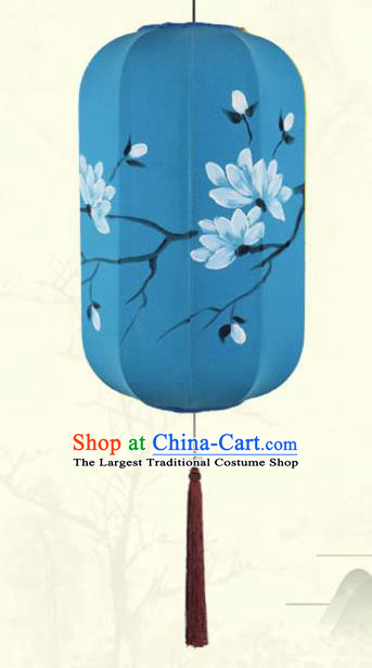 China Classical Blue Cloth Hanging Lamp Traditional New Year Wax Gourd Lanterns Handmade Painting Mangnolia Lantern