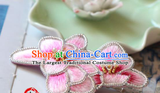 Handmade China Embroidered Pink Mangnolia Hair Claw Classical Qipao Pearls Hair Stick Accessories