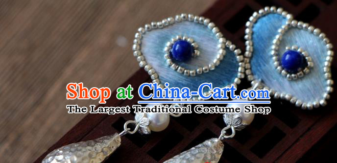 China National Cheongsam Ear Jewelry Handmade Silver Ear Accessories Suzhou Embroidered Blue Cloud Earrings