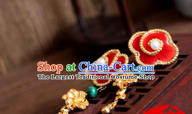 China Suzhou Embroidered Red Cloud Earrings National Cheongsam Ear Jewelry Handmade Golden Flower Ear Accessories