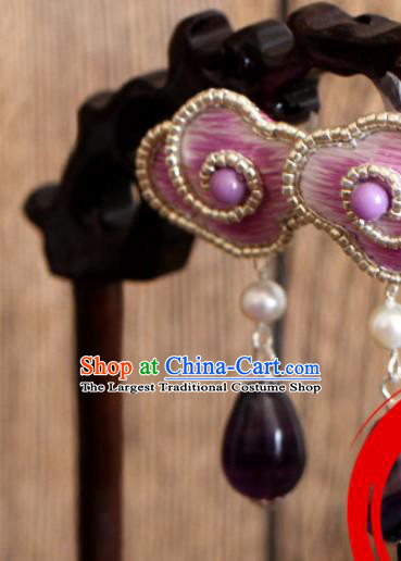 China National Cheongsam Ear Jewelry Handmade Amethyst Tassel Ear Accessories Suzhou Embroidered Lilac Cloud Earrings