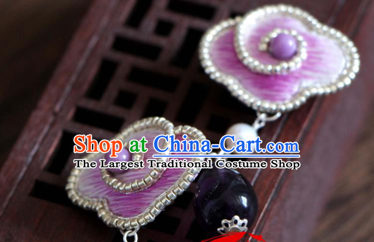 China National Cheongsam Ear Jewelry Handmade Amethyst Tassel Ear Accessories Suzhou Embroidered Lilac Cloud Earrings