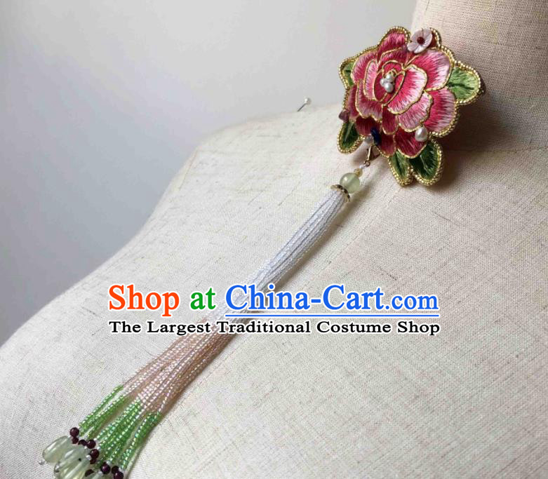 Handmade China Classical Qipao Beads Tassel Brooch Accessories Embroidered Pink Peony Breastpin